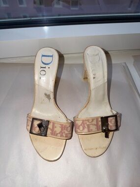 Dior Vintage Trotter Beige and Pink Logo Buckle Slide Mules